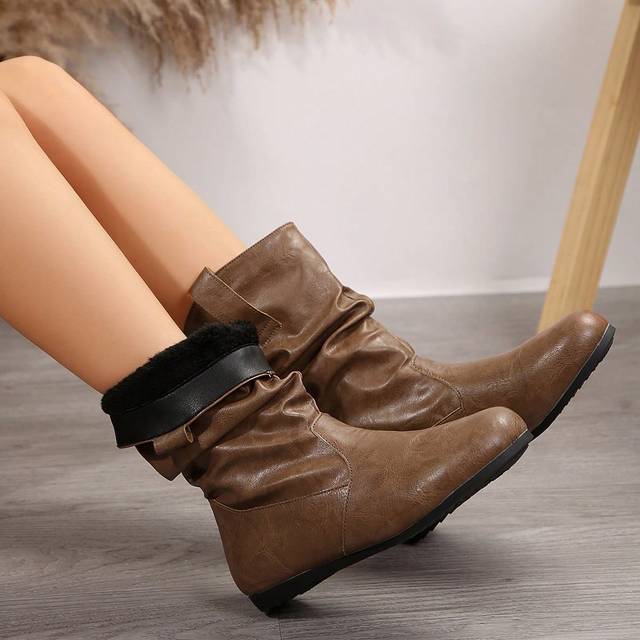 SHEIN Women&#39;s Black Leather Slouchy Pull-On Boots, Round Toe Flat Fashionable Boots For Outdoor Wear