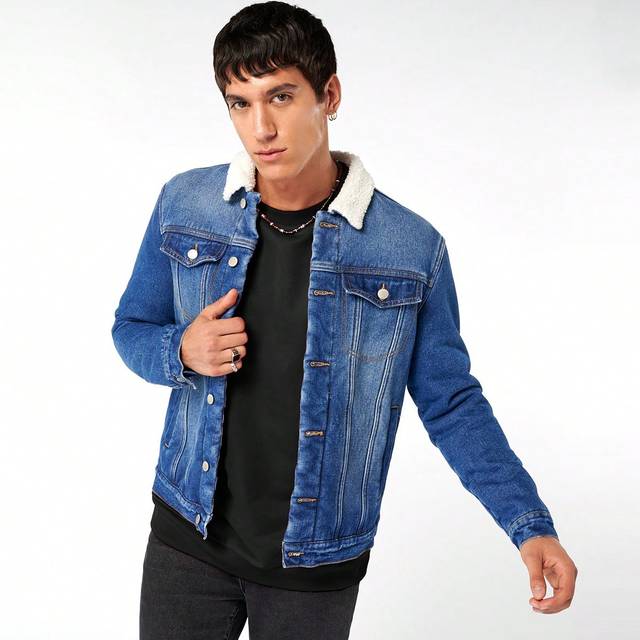 Manfinity Men&#39;s Contrast Color Turndown Collar Denim Jacket