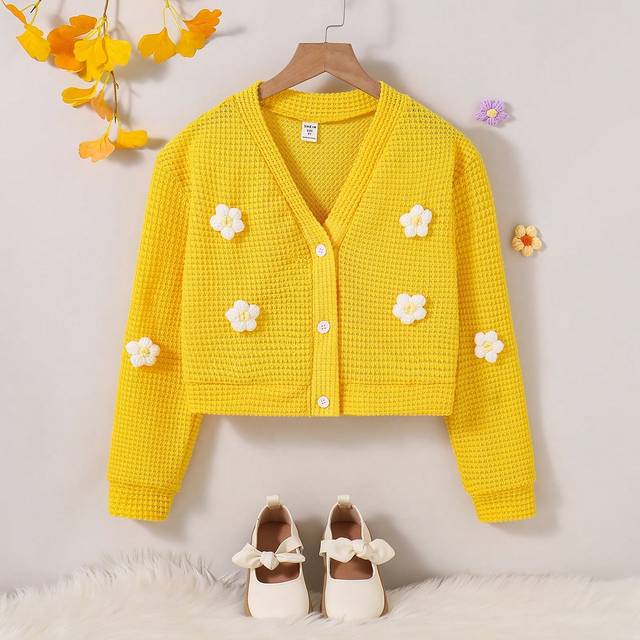 SHEIN Tween Girl Knitted Cardigan Jacket With Flower Pattern, Casual Wear For Autumn