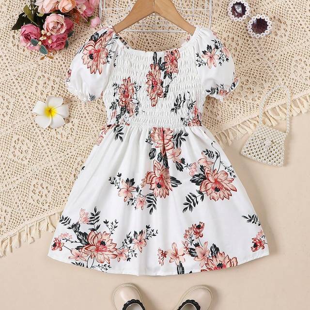 SHEIN Young Girl Floral Print Short Sleeve A-Line Dress With Pockets For Summer