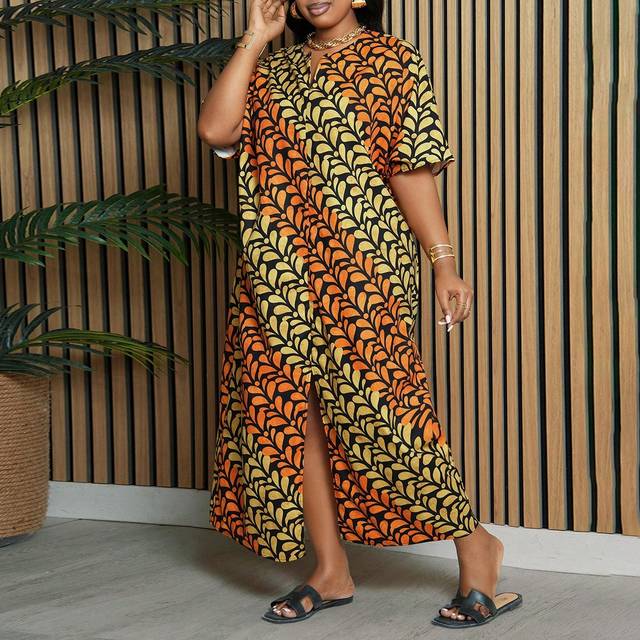 Slaydiva Plus Size Fall Women&#39;s Curve Plus Loose Totem Print Robe Dress Casual Clothing Midi Women Dresses Fall Dresses Semi Formal Dress