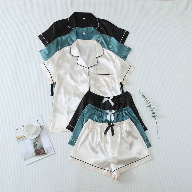 SHEIN 3pcs Solid Color Satin Pyjama Sets, Women&#39;s Loungewear Set With Short Sleeve Buttoned Collar Top And Bowknot Shorts, Suitable For Home Use