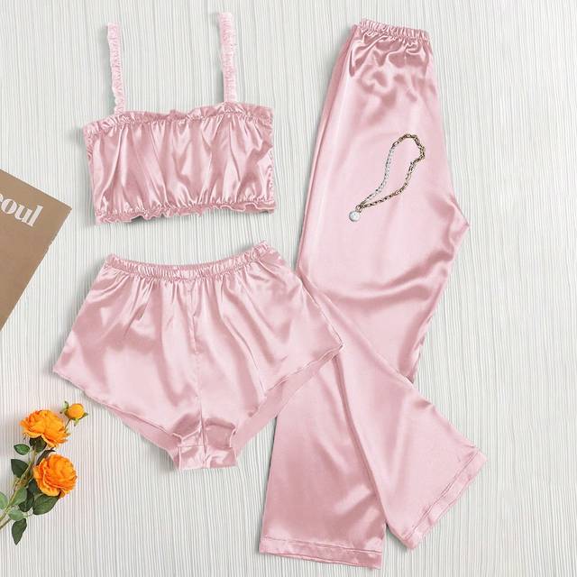 SHEIN Plain Pleated Satin Pajama Set, Including Cami Top Top, Shorts And Long Pants