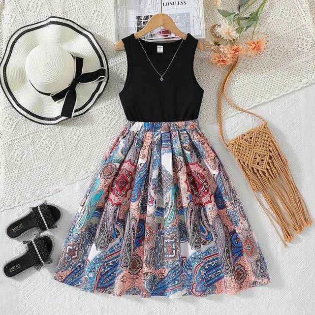 SHEIN Tween Girl Paisley Print Elastic Waist Pleated Hem Dress