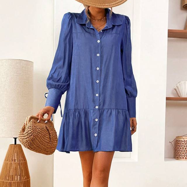 SHEIN Women&#39;s Solid Color Ruffle Hem Button Front Long Sleeve Casual Dress