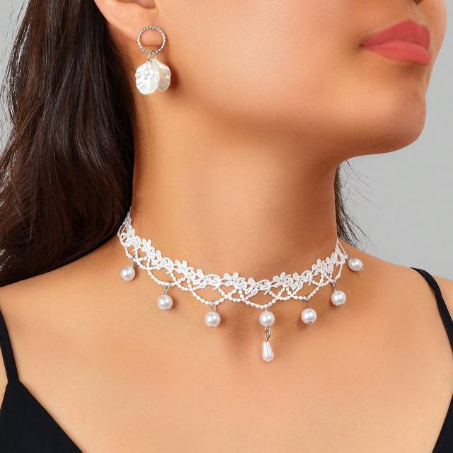 SHEIN 3pcs New Arrival White Lace Hollow Flower Choker Necklace Imitation Shell Stud Earrings Wedding Engagement Party Bridal Jewelry Set Valentines,Mom,Mot