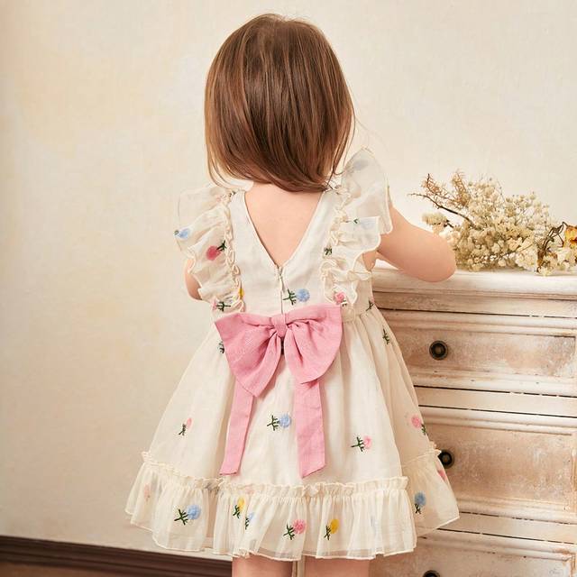 SHEIN Fern Glow  Baby Girl Cute Organza Floral Pattern Ruffled Sleeveless Dress For Summer