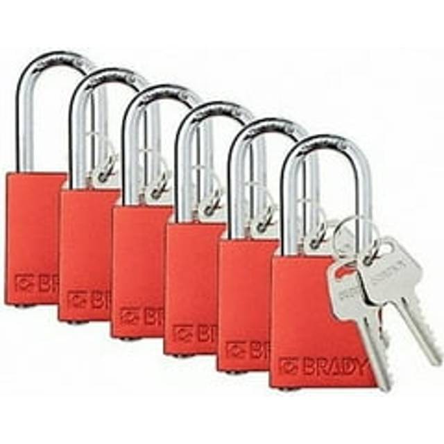 Brady Safety Lockout Padlock Sets - Red - Keyed Alike Safety Lockout Padlocks - 2 Keys Per Lock - SDAL-RED-38ST-KA6 - Aluminum  Steel - Set