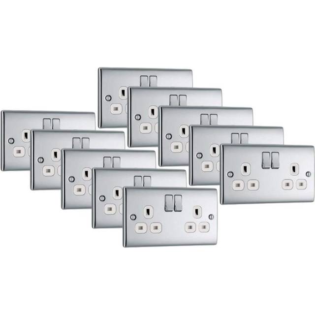 Polished chrome double sockets 2 gang wall outlet 13a 1 5 4 10 - bg nexus npc22w