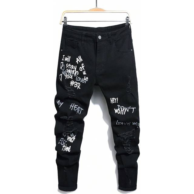 SHEIN Men&#39;s Jeans With Letter Print Design Slim Fit Long Ripped Frayed Jean Cargo Plain Black Going Out Fashion Rapper