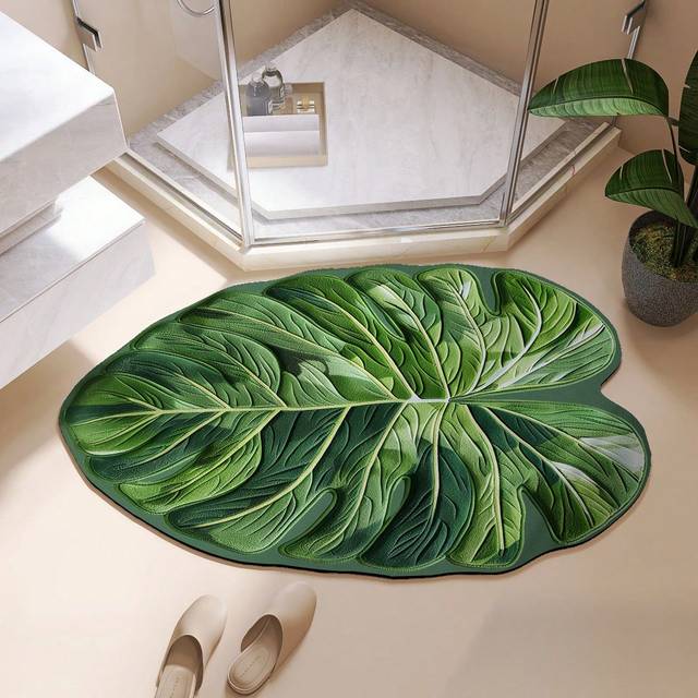 SHEIN 1pc Leaf Shaped Bath Mat, Made Of Polyester Fiber, Super Absorbent Anti-Slip Easy-To-Clean, For Bathtub Bathroom Laundry Room Home Bathroom Decor Bath