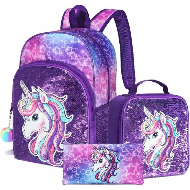 SHEIN Children&#39;s Sequined Unicorn Backpack, 3PCS Mermaid Backpack For Girls 16 Inch  School Shoulder Bag ,Lunch Box,Pencil Case