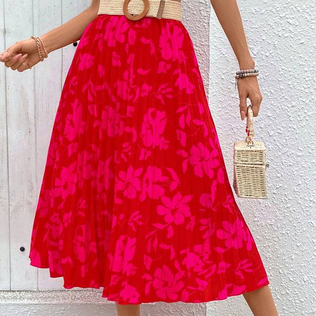 SHEIN Women Holiday Floral Printed Pleated Long Elegant Skirt