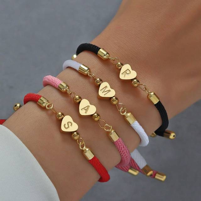 SHEIN 1pc 4 Colors A-Z Initial 26 Letter Women Bracelet Heart Beach Color Adjustable Rope Bracelet For Women Jewelry Gift Valentines