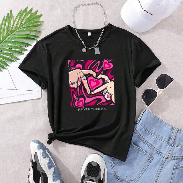 SHEIN Teenage Girls&#39; Hand Gesture, Heart & Letter Print T-Shirt