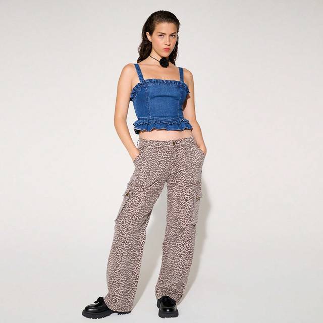 WESTFADE Premium 98% Cotton Denim Stretch Leopard Cargo Jeans
