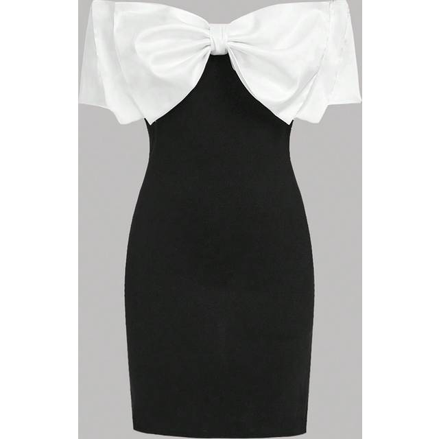 SHEIN Teen Girls&#39; Black & White Off Shoulder Dress With Oversized Bow For Party Or Elegant Streetwear