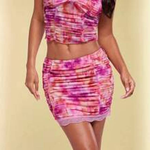 Kvinnors Tie Dyeing Plisserad Kontrast Spets Bodycon Kjol - Rosa (L,M,S,XL,XS,XXL,XXS,XXXL,XXXXL)