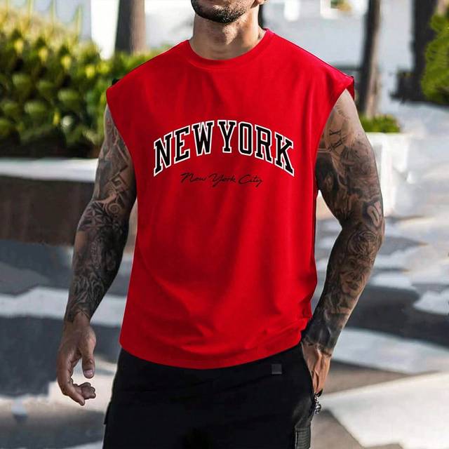 Manfinity Men&#39;s Plus Size Summer Letter Printed Round Neck Casual Tank Top, Sleeveless New York Plain Red Tank Top