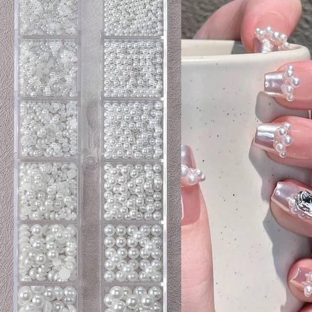 SHEIN 1.5/2/2.5/3/4/5mm Mixed Half Pearl Mini Nail Charms 1 Box Of Flat-Back White Half Round Pearls Flat-Back White Pearl For Home DIY And Professional Nai