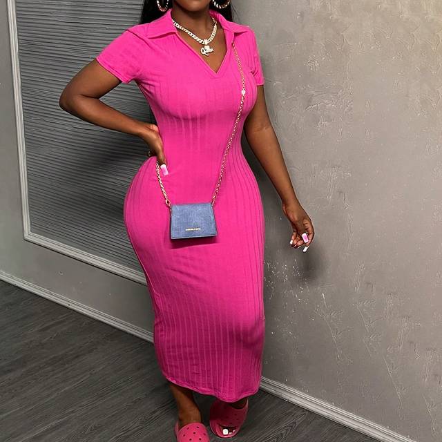 Slaydiva Summer Basic Casual Dress In Pink With Polo/V-Neck, Short Sleeve, Slim Fit And Wide Stripes For Women