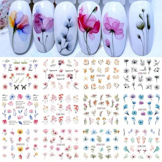 SHEIN 12 Designs Water Nail Decals Pink Purple Blue Flowers Nail Sticker Summer Tropical Plants Decals Spring Art Full Cover Nail Wraps French Manicure Tips