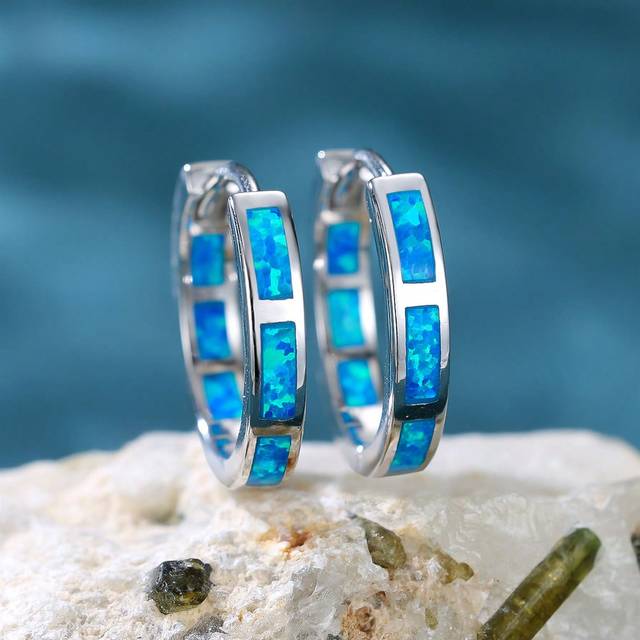 SHEIN 1 Pair Exquisite And Elegant Pure Silver Blue Australian Opal Double Circle Earrings For Women, Dating And Party Gift