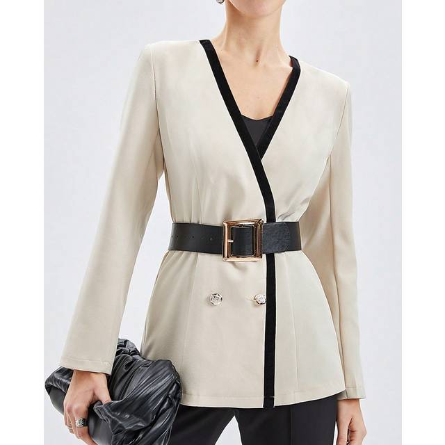 BizChic Women&#39;s Regular Fit Collarless Coat With Double-breasted Buttons And Contrast Trim
