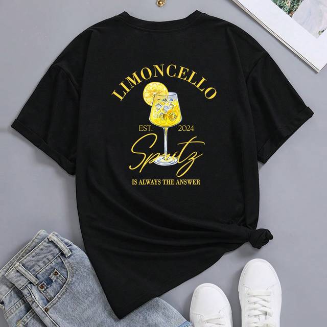 Grawell Oversized Women&#39;s T-Shirt &#39;Limoncello Spritz&#39; Loose Fit, Summer Graphic Tees Women Tops