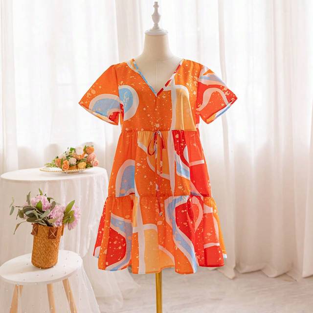 Soleia Women&#39;s Bohemian Style Wave Plaid Loose Fit Dress In Blue & Orange, Perfect For Beach Vacation, Graduation, Back To School, Party, Lunch Or Garden Tea