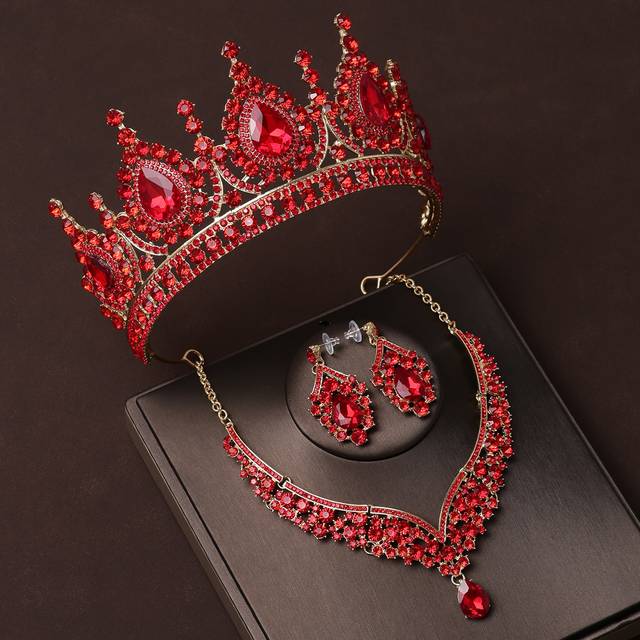 SHEIN Women&#39;s Four-Piece Bridal Set With Red Crown Necklace And Earrings, Perfect For Wedding Parties Tiaras Halloween