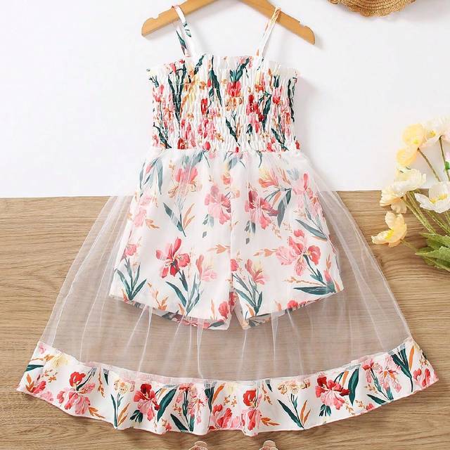 SHEIN Young Girl New Arrival Dress, Sweet And Elegant Style, Summer Sleeveless, Pleated Design With Mesh And Printed Flowers