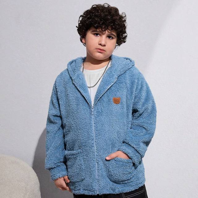 SHEIN Tween Boys&#39; Extended Size Casual Hooded Teddy Bear Pattern Plush Coat, Autumn/Winter