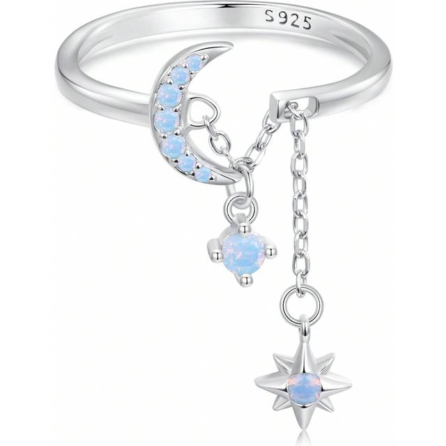 WOSTU 1pc Real 925 Sterling Silver Star Moon Link Finger Ring For Women Sparkling Blue Opal Adjustable Rings Original  Fine Jewelry Wedding Gift