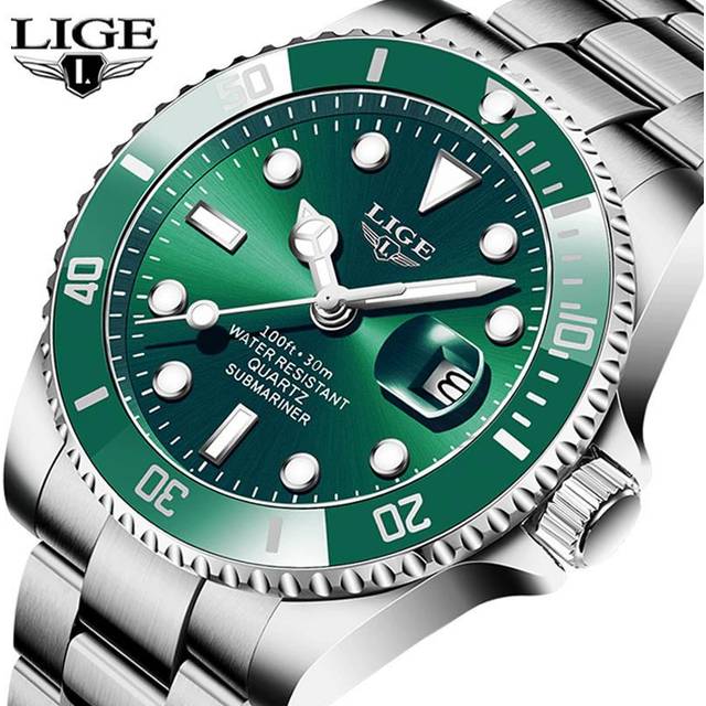 (Gold Blue) LIGE Top Brand Luxury Fashion Divers Watches Men 30ATM Waterproof Date Watch Sports Watch Men Quartz Wristwatch