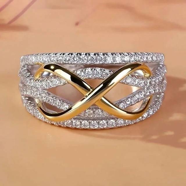 SHEIN 1 Elegant Silver And Gold-Color Infinite Love Rhinestone Engagement Or Wedding Anniversary Gift Ring