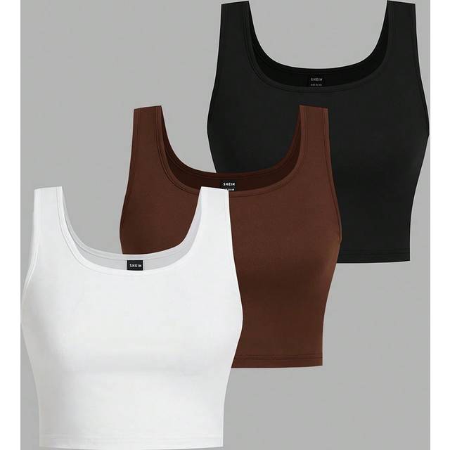 SHEIN Women&#39;s 3pcs Black White Gray Super Short Tight Casual Basic Tank Top, Suitable For Summer