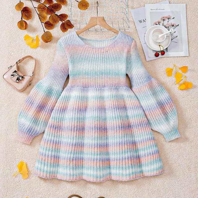 SHEIN Tween Girl French Lantern Sleeve Knit Dress With Gradual Color Change, Suitable For Autumn And Winter, Sweet, Fashionable, Soft And Comfortable, Suita
