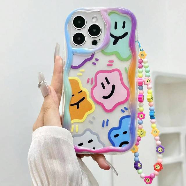SHEIN Smiling Face Light Oil Painting Printed Protective Case With Smiling Face Chain, Compatible With IPhone 15, Compatible With IPhone 15 Pro Max, Compati