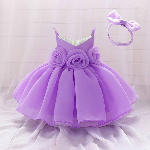 SHEIN Baby Girl Solid Color 3D Floral Satin & Mesh Elegant Dress, Suitable For Outings, Outdoors, Birthday Parties, Comes With Hair Accessories