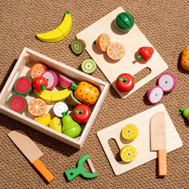 SHEIN 1pc Kids&#39; Pretend Play Cutting Toy Set With Magnetic Wooden Vegetables And Fruits For Kitchen Cooking Games, Unisex