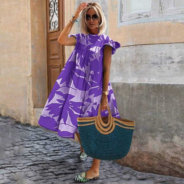 EMERY ROSE Color-Block Full Print Summer Round Neckline Casual Dress