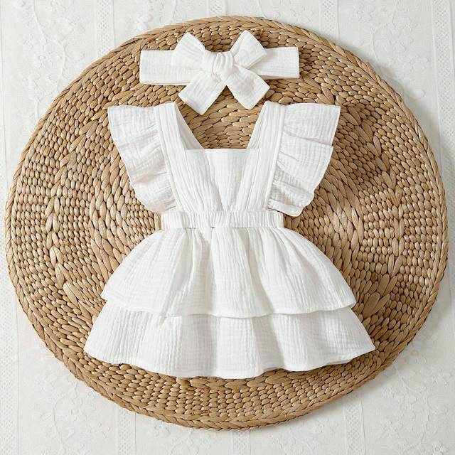 Souflis Newborn Baby Girl Solid Color Ruffled Waist Cinched Dress