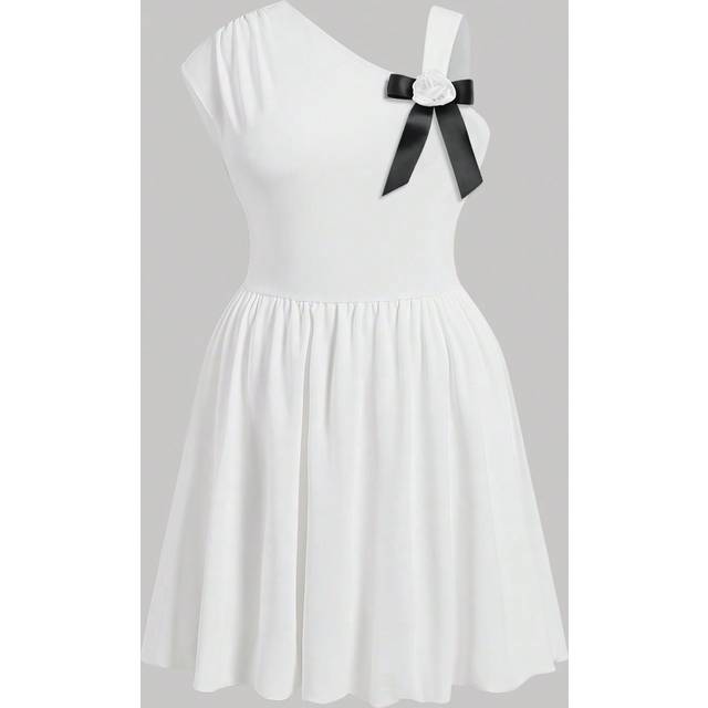SHEIN Plus Size Summer  White Cute Elegant Dress With 3D Flower, Bow Decorations And Asymmetric Neckline