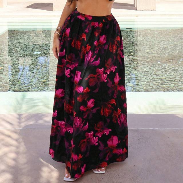SHEIN Vacation Holiday Resort Cute Sexy Floral Printed A-Line Beach Holiday Skirt With Oversized Full Hem For Women, Summer