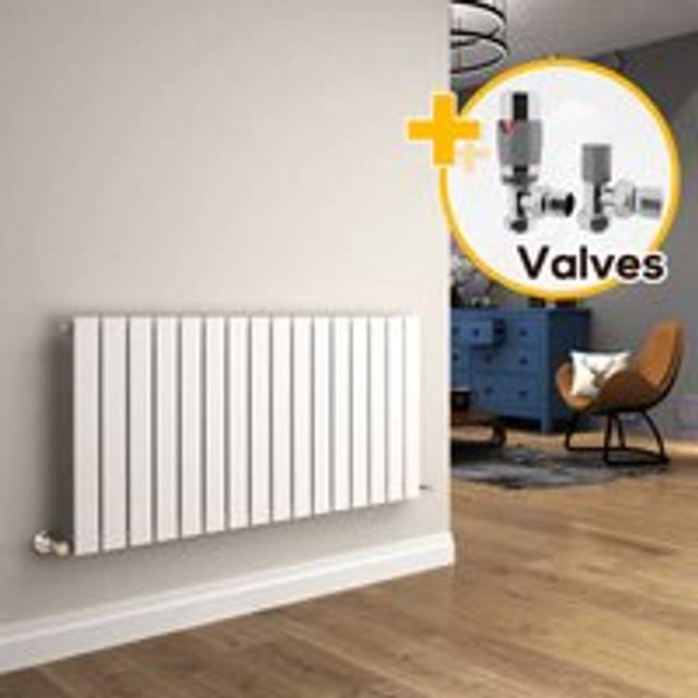 Elegant - 600 x 1216 mm White Horizontal Column Designer Radiator Single Flat Panel Radiator Heater + Chrome Thermostatic Radiator Valves