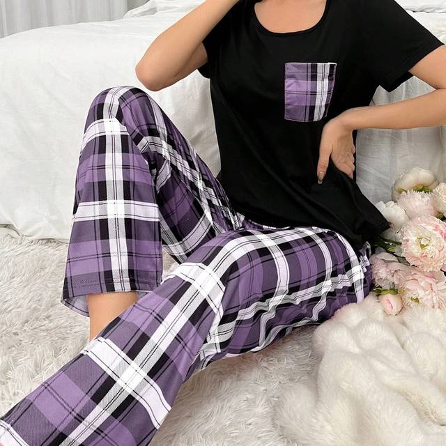 SHEIN Women&#39;s Plaid Short Sleeve & Long Pants Pajama Set