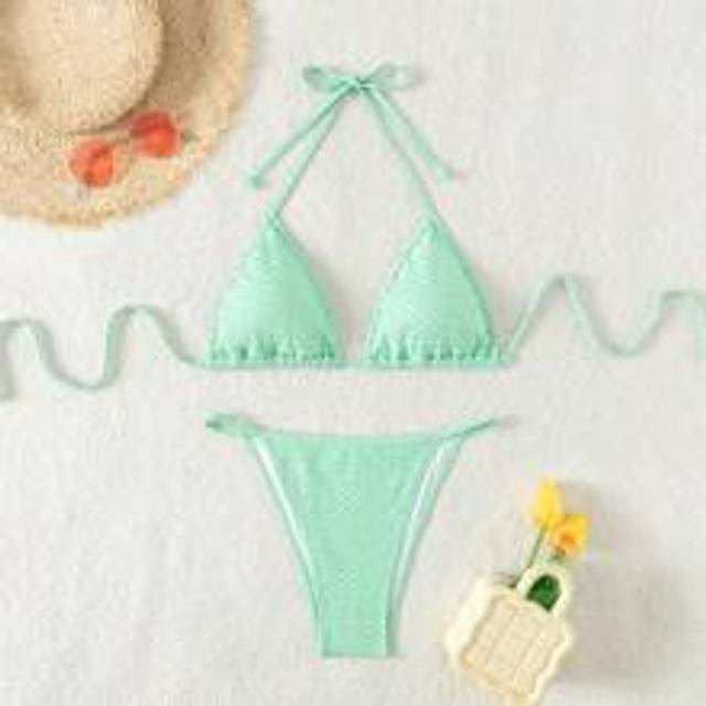 Damer Enfärgad Grimma Triangel Bikini Set med bottnar, Summer Beach Vocation - Grön (L,M,S,XL)