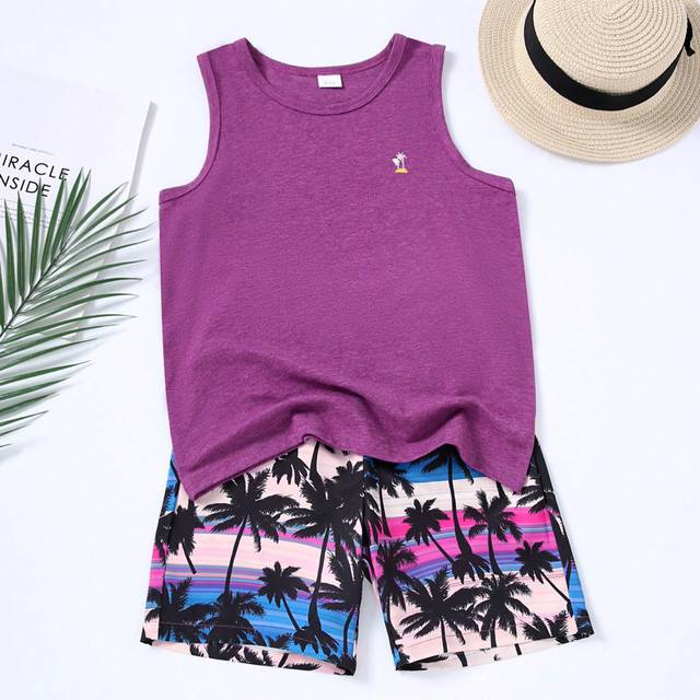 SHEIN Casual 2pcs Set: Tween Boy Tree Pattern Sleeveless T-Shirt And Elastic Waistband Hawaii Shorts For Summer