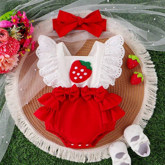 SHEIN Baby Girl Strawberry Embroidered Ruffle Trim Spliced Bodysuit With Headband